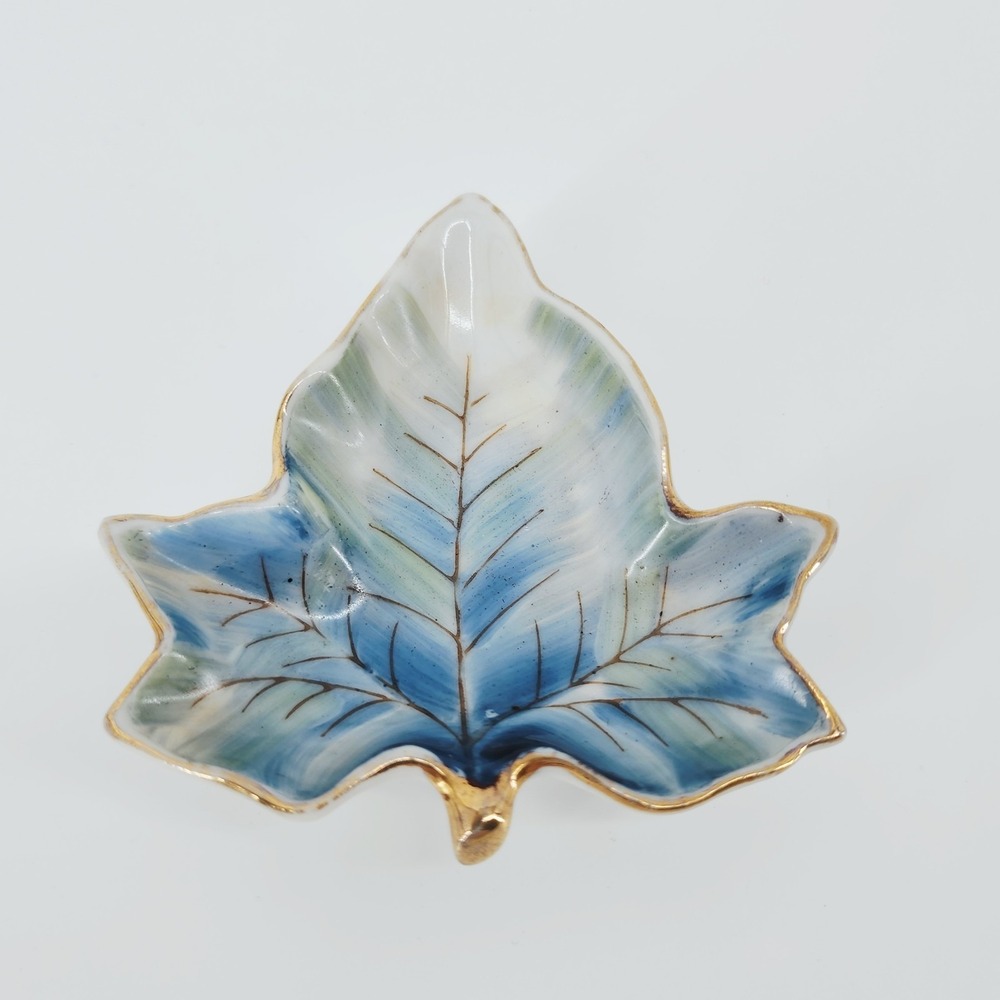 Vintage Shofu China Occupied Japan Leaf Trinket Dish 40 50s Blue Maple Leaf Tray